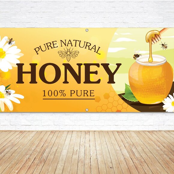 PURE NATURAL HONEY 5ft. Vinyl Banner Bees Organic Farmers Market Canopy Display - Picture 1 of 5